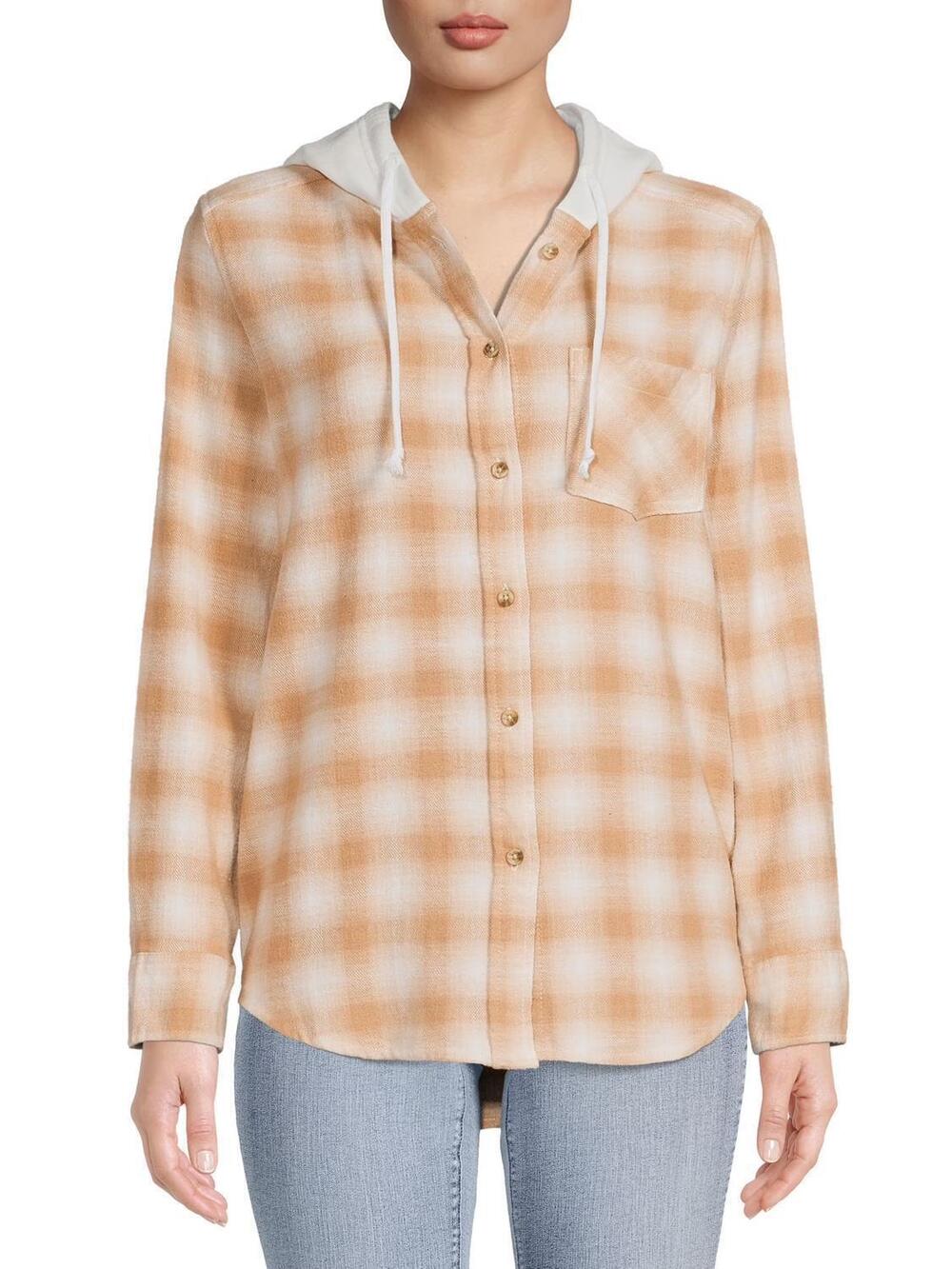 NEW TIME AND TRU long sleeve plaid flannel hoodie in tan